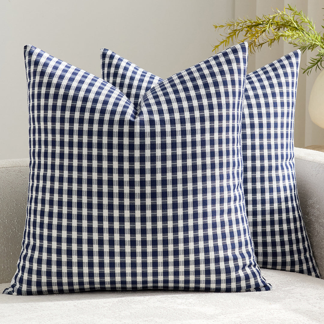Gingham Cotton-Linen Square Throw Pillow Covers with Hidden Zipper Pair