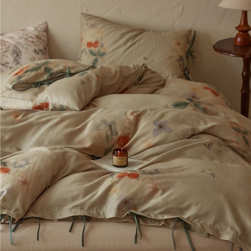 Luxury cotton satin bedding set with floral pattern and hotel closure