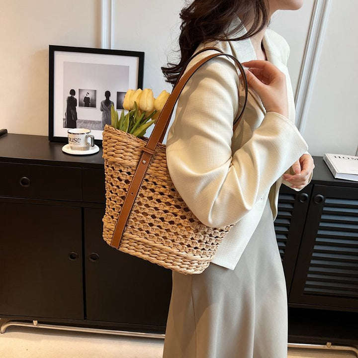 Braided raffia shoulder bag with leather handles Kalsten