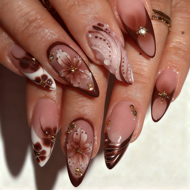 Acrylic nail set with 3D flower decorations and elegant patterns Kalsten