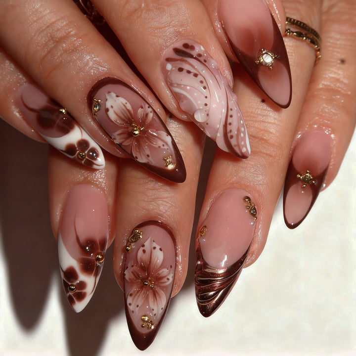 Acrylic nail set with 3D flower decorations and elegant patterns Kalsten