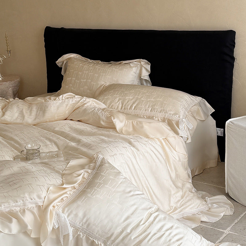 Luxurious satin bedding set with ruffles and fine bow jacquard