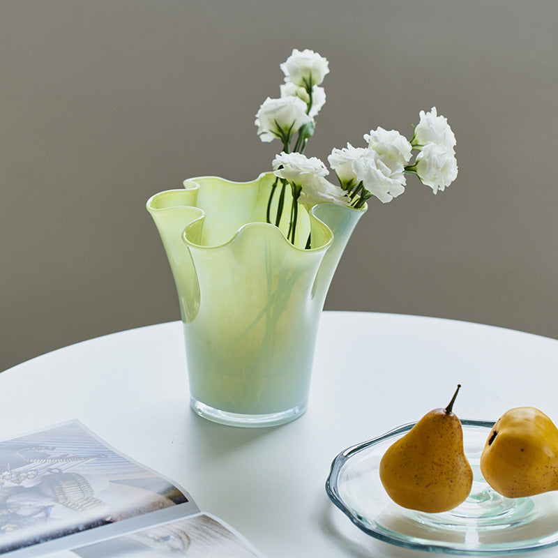 Handblown Tall Ruffled Rim Glass Vase Kalsten
