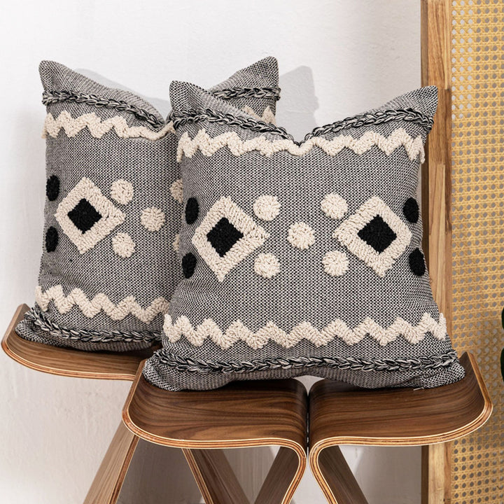 Textured Boho Geometric Tufted Throw Pillow with Braided Edge and Removable Zip Cover