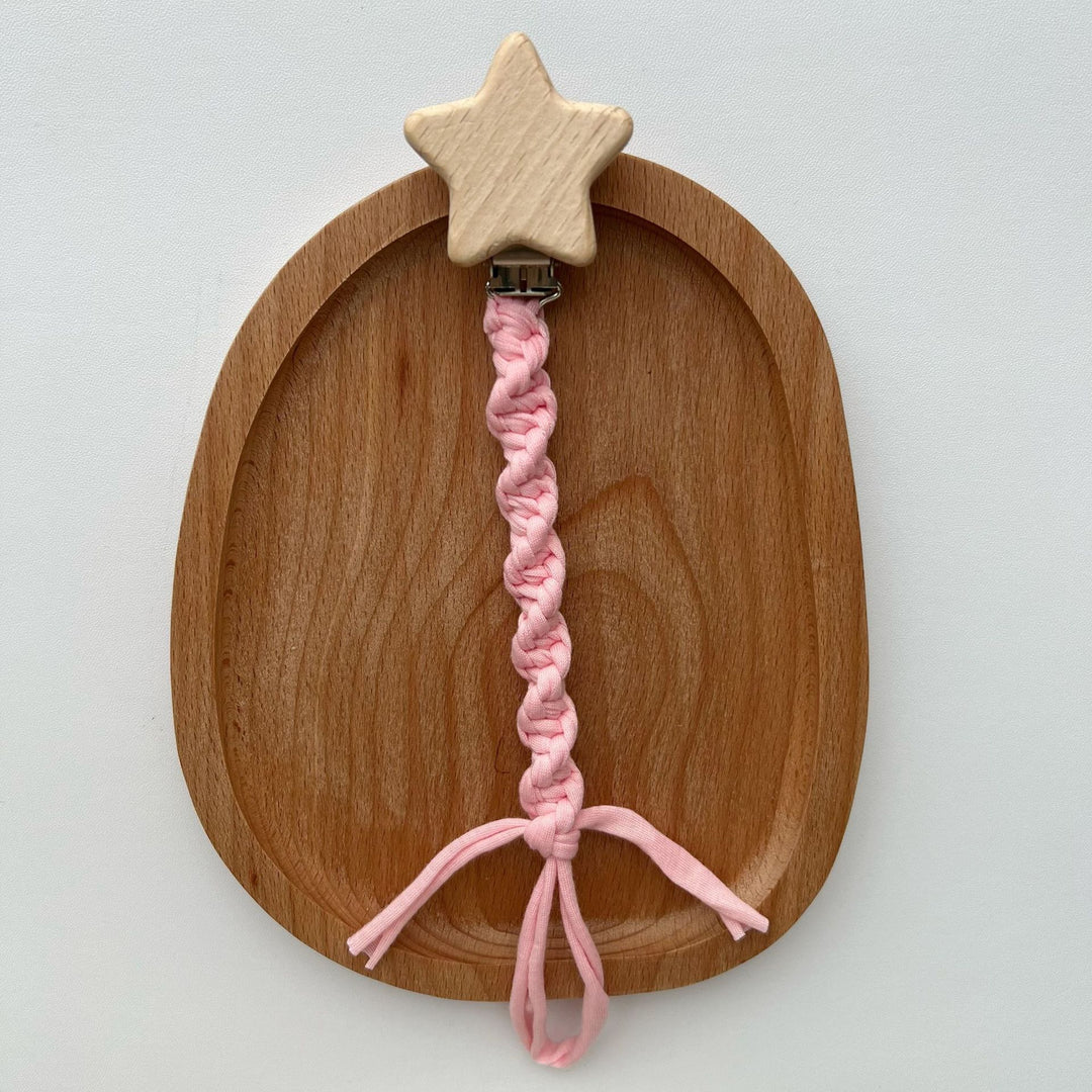 Wooden Star Pacifier Clip with Braided Cotton Strap