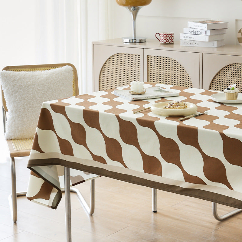 Wipeable Rectangular Table Runner with Geometric Wave Pattern and Contrast Edge