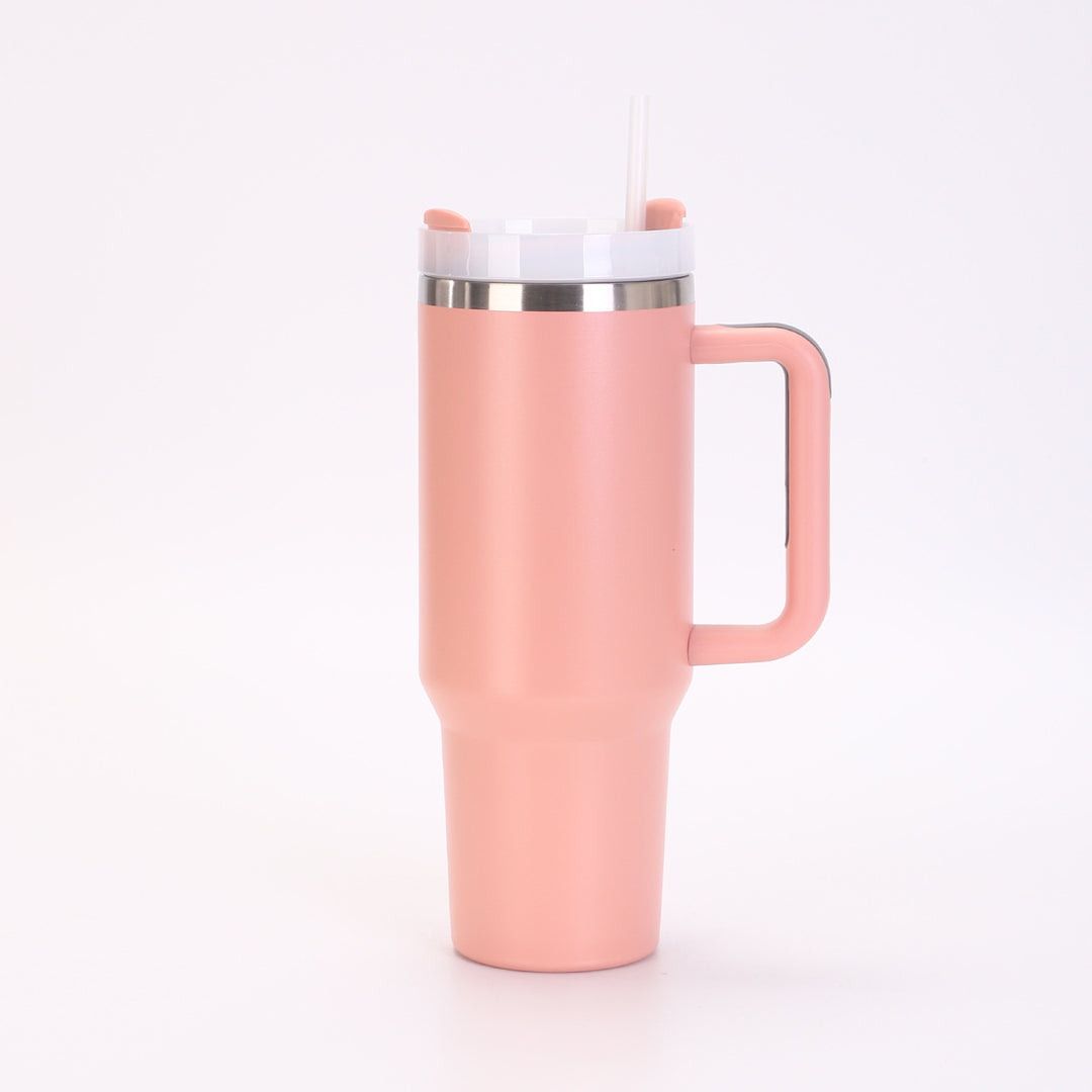 Insulated Stainless Steel Tall Travel Mug With Ergonomic Side Handle And Leak-Resistant Straw Lid