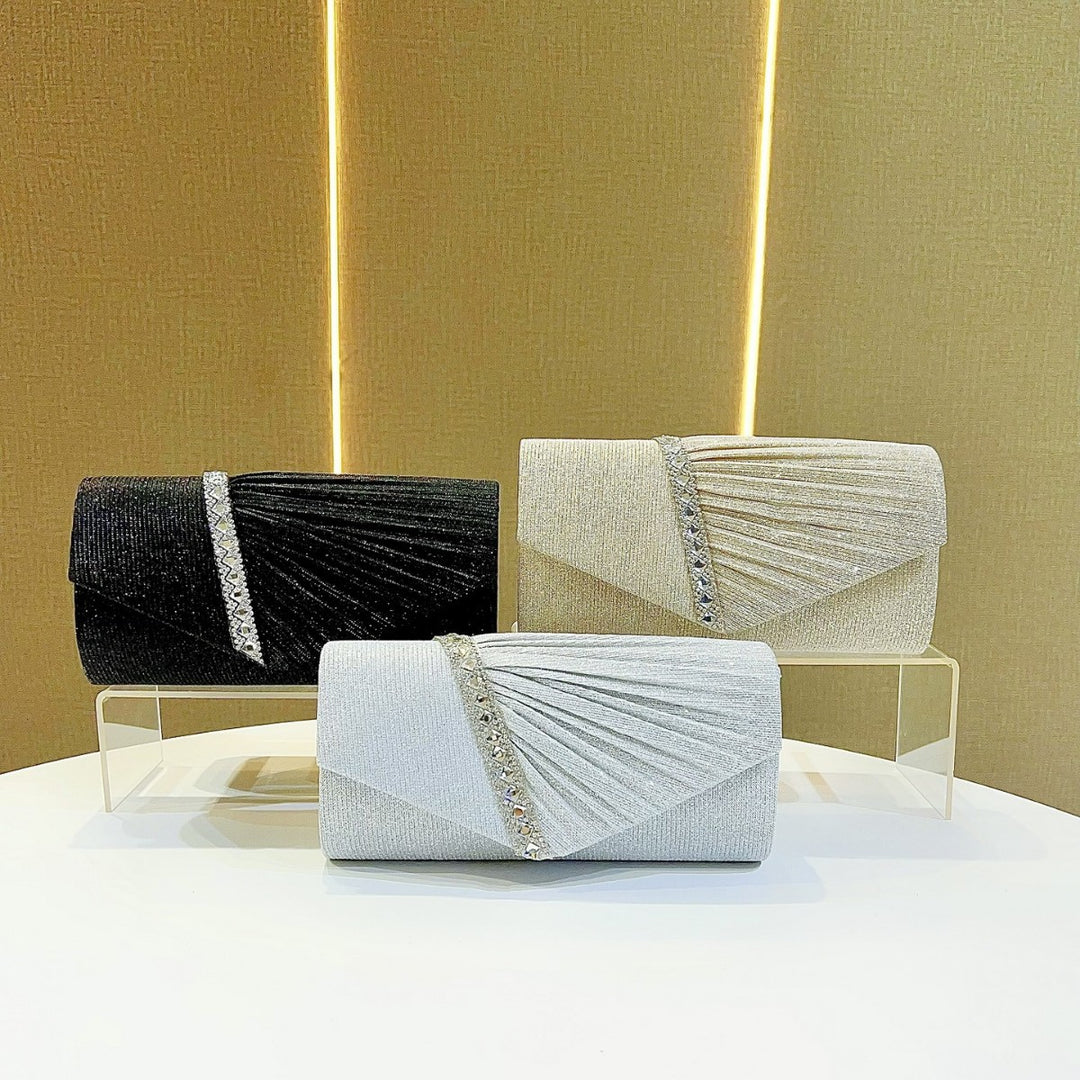 Pleated Evening Clutch Bag with Crystal Accent