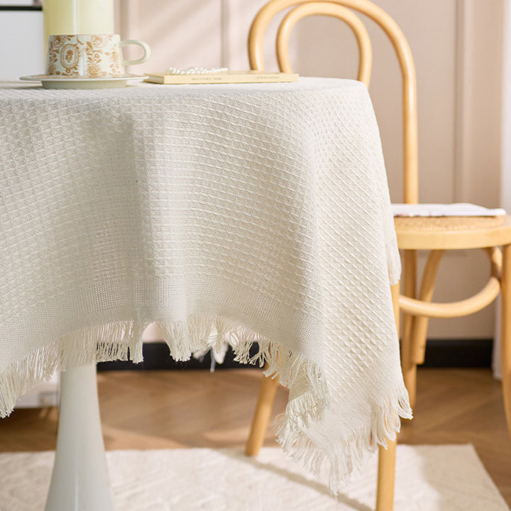 Round Textured Waffle-Weave Fringe Tablecloth with Tassel Edge