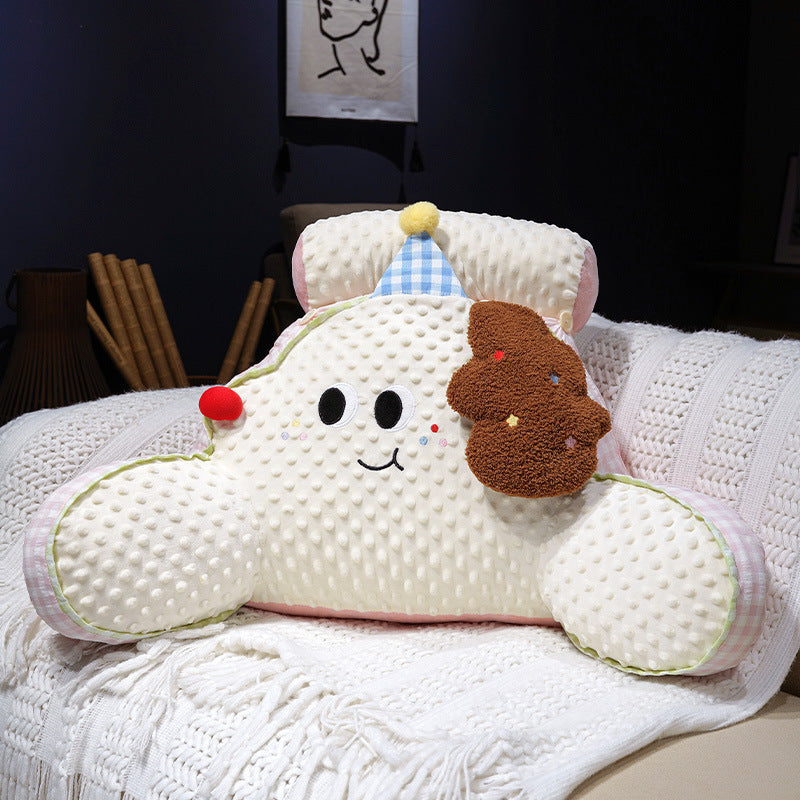 Padded plush bed backrest with armrests and childish cloud design