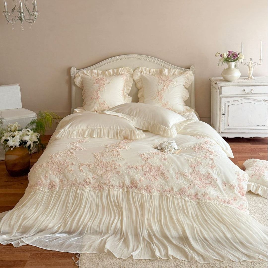 Luxurious romantic bedding set with ruffles, lace appliqué, and 3D floral embroidery