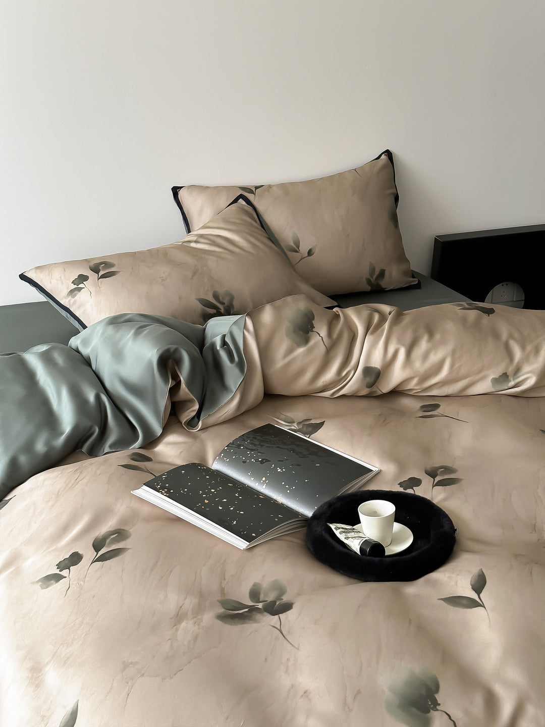 Luxury satin bedding set with floral print and elegant pillowcases