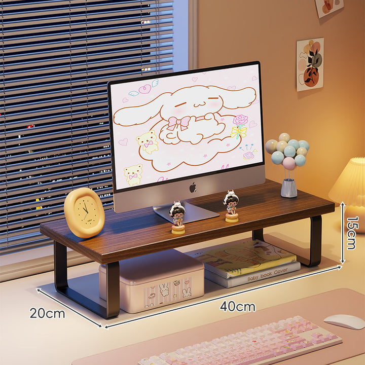Elevated Monitor Riser Stand with Wood-Effect Top Metal Frame and Under-Shelf Storage