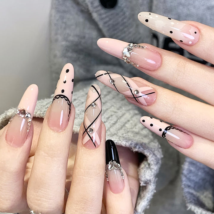 Artistic Press-On Nail Set with Elegant Patterns and Gems Kalsten