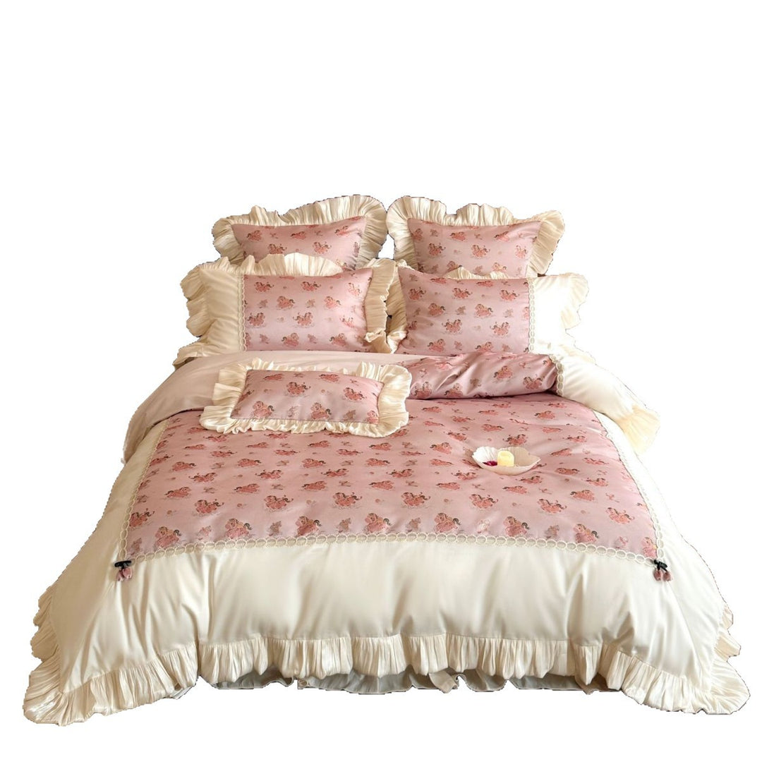 Romantic bed linen set with ruffles, lace border, and vintage print