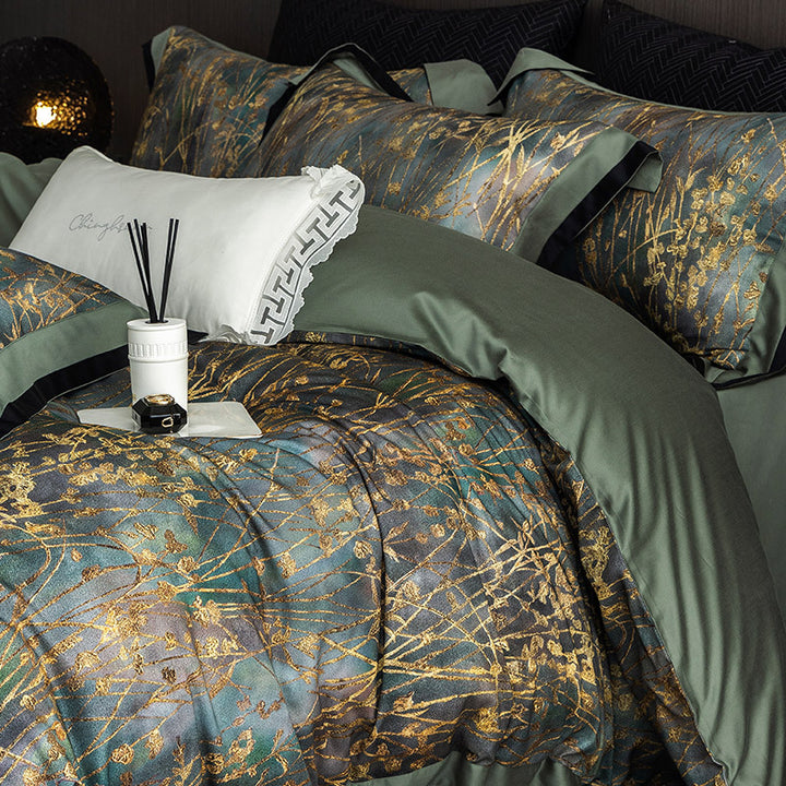 Luxurious bedding set made of cotton satin with delicate grass print and satin hem