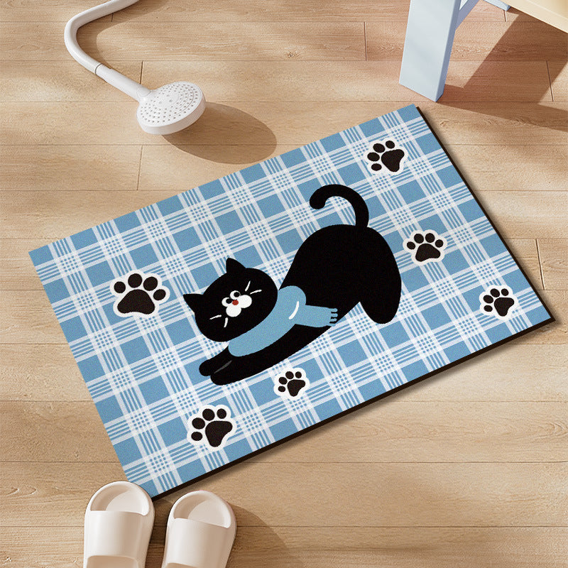 Plush Absorbent Non-Slip Bathroom Door Mat with Cartoon Stretching Cat and Paw Print