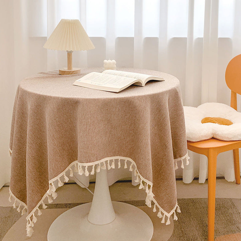 Round Textured Tassel-Trim Tablecloth with Linen-Feel Draped Finish