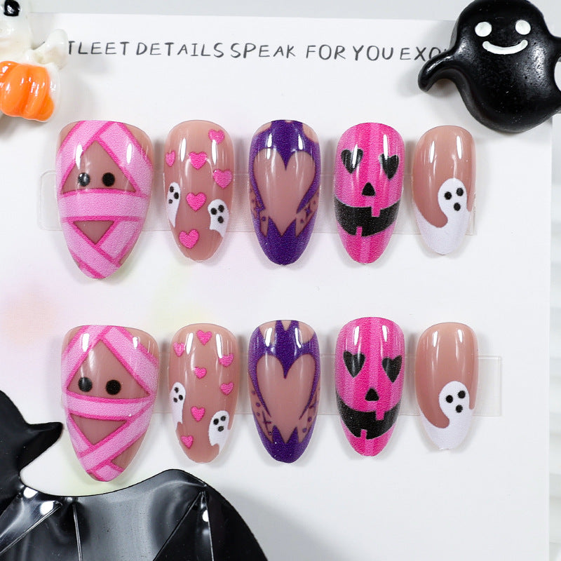 Halloween Artificial Nail Set with Playful Ghost and Heart Designs Kalsten