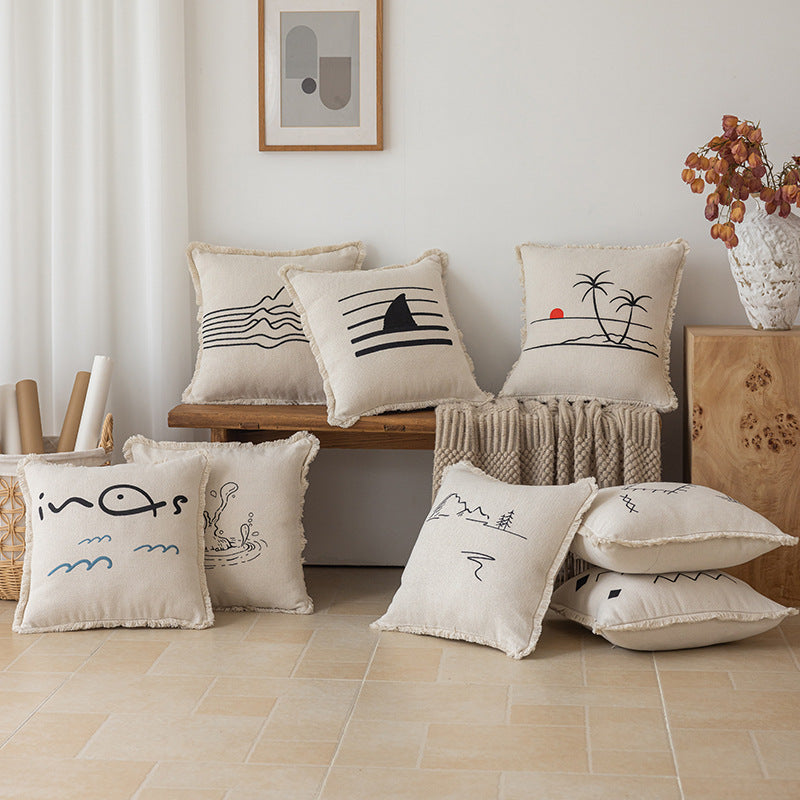 Decorative Embroidered Fish & Waves Fringe Throw Pillow with Linen-Blend Cover
