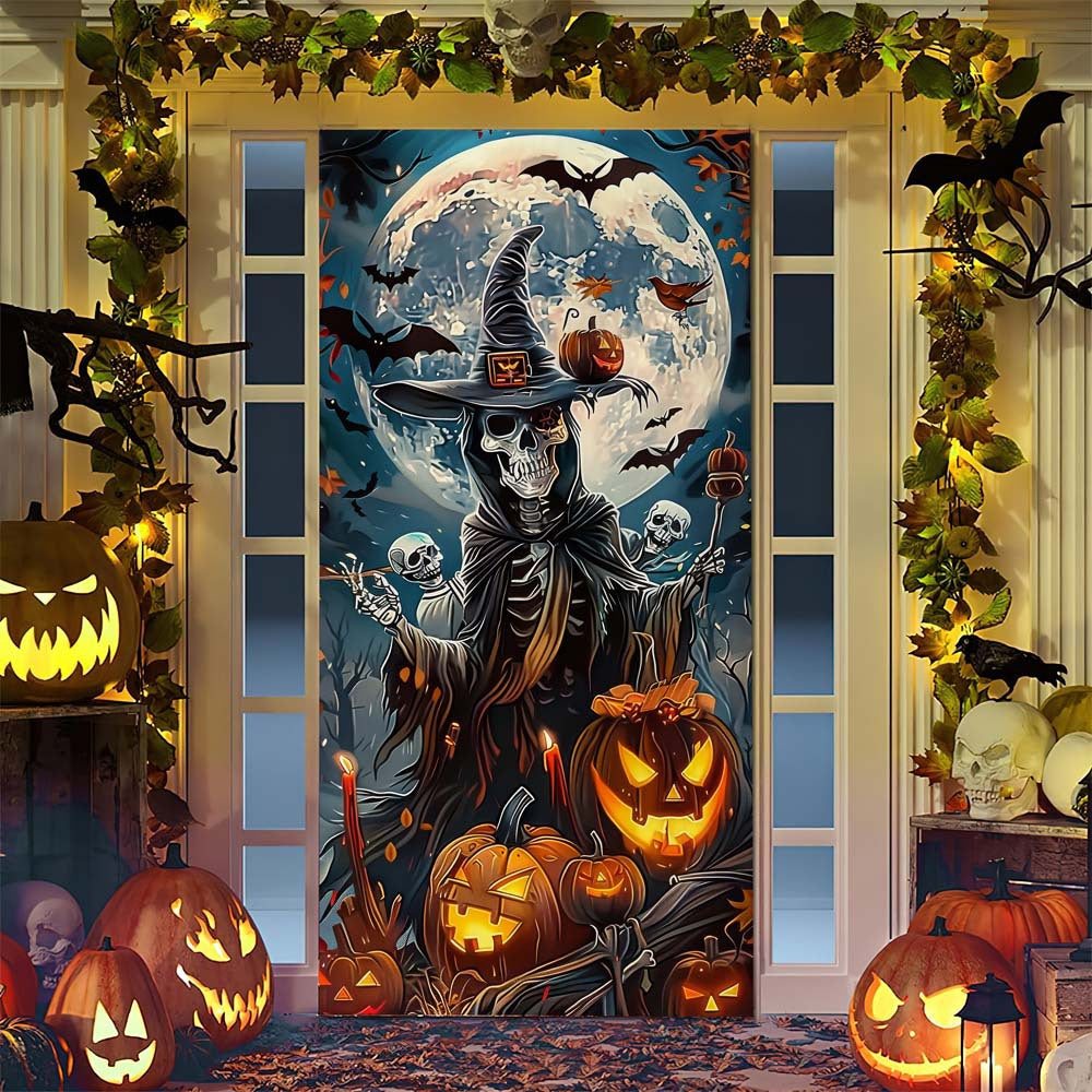 Halloween door poster with large-format Grim Reaper illustration and reusable PVC tarp fabric