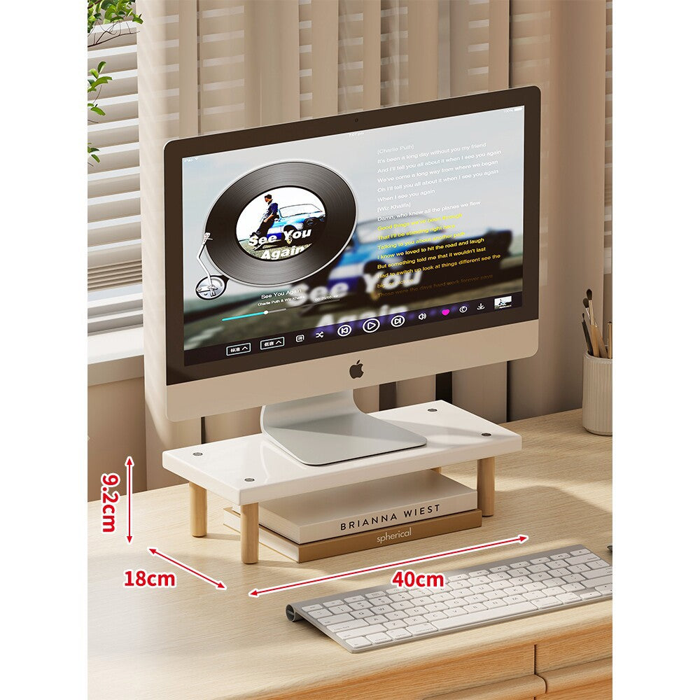 Compact Elevated Monitor Riser Stand with Wooden Legs and Under-Storage