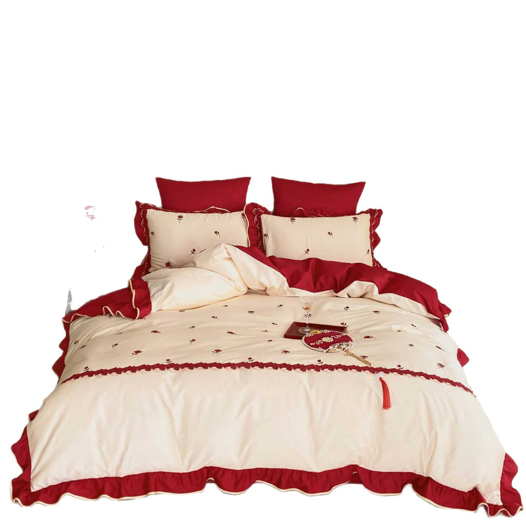Luxurious cotton satin bedding set with ruffles and decorative seams
