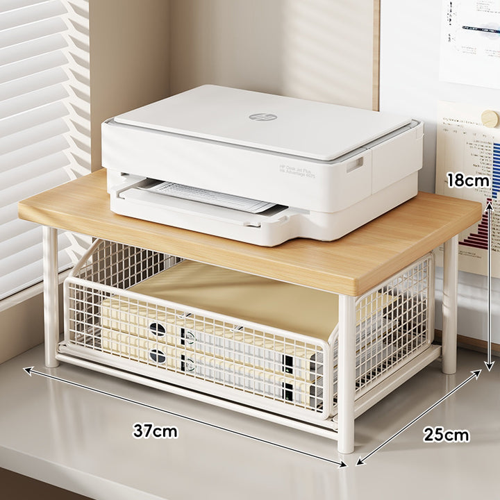 Compact Desktop Printer Stand with Wooden Top and Sliding Mesh Drawer