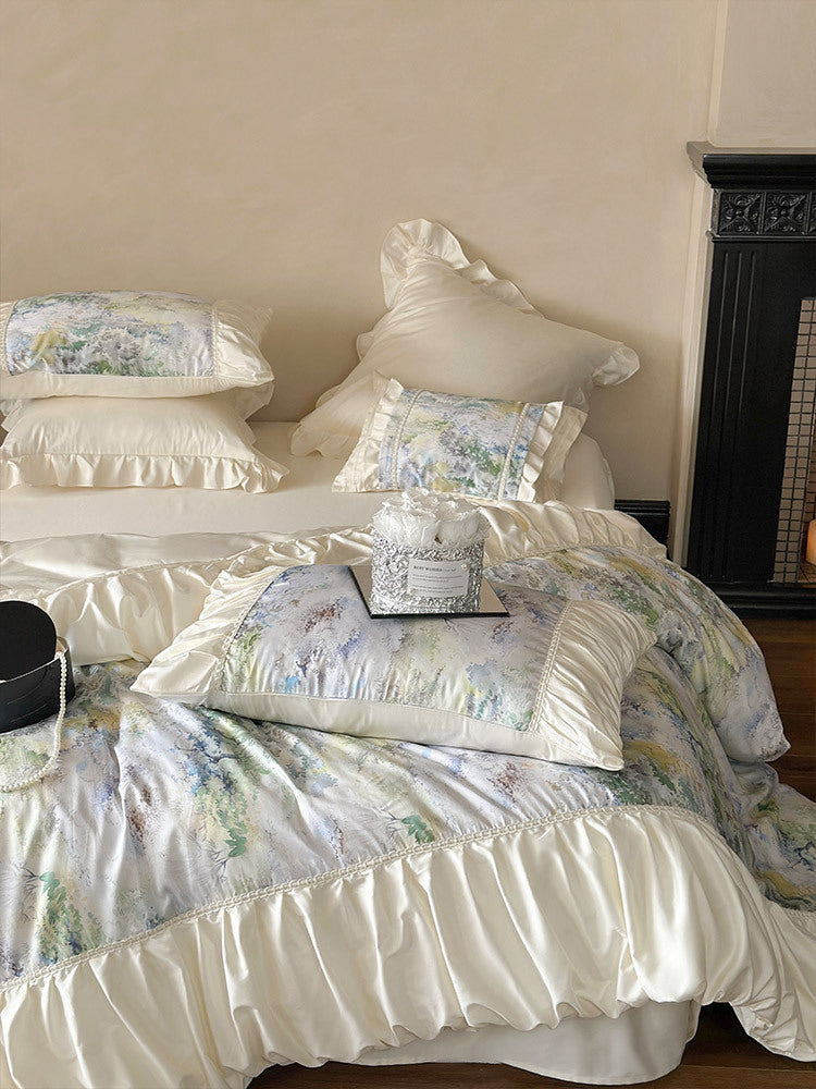 Luxurious satin bedding set with ruffles and watercolor floral pattern