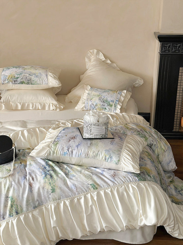 Luxurious satin bedding set with ruffles and watercolor floral pattern