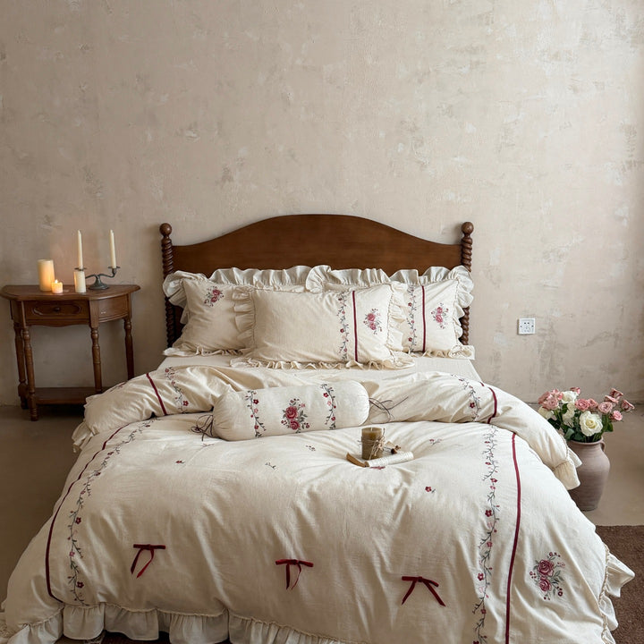 Romantic cotton-linen bedding set with ruffle, rose embroidery and bolster pillow