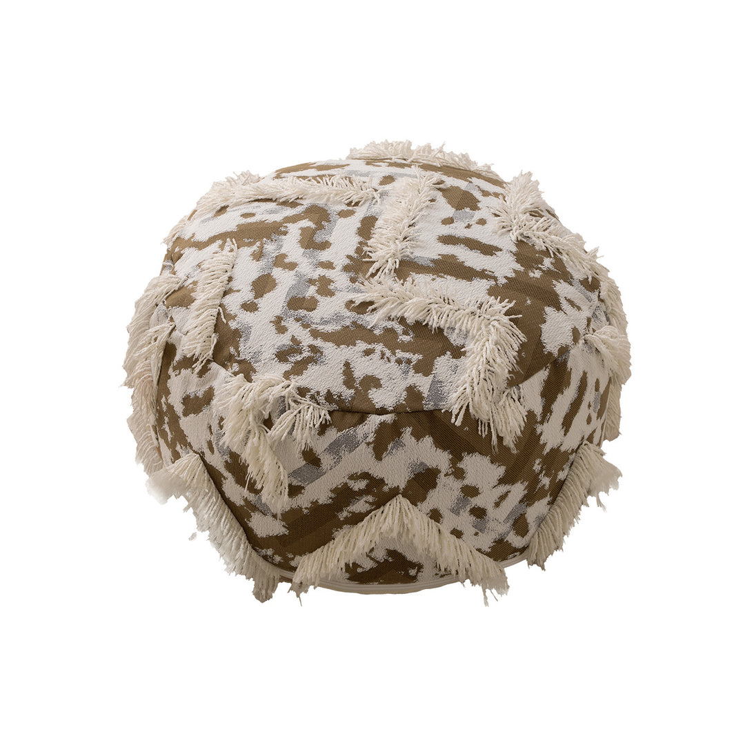 Round Boho Seat Pouf with Hand-Tufted Structure and Decorative Fringes Kalsten