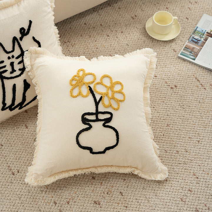 Woven decorative pillow cover with embroidered café motif and decorative fringe edge Kalsten