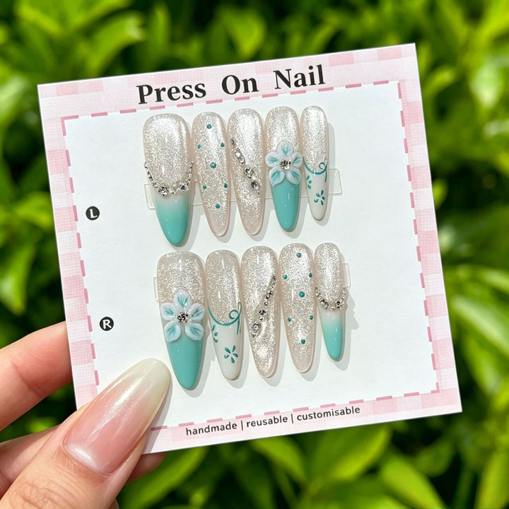 Artistic Press-On Nail Art Set with Cute Character and Bow Accents