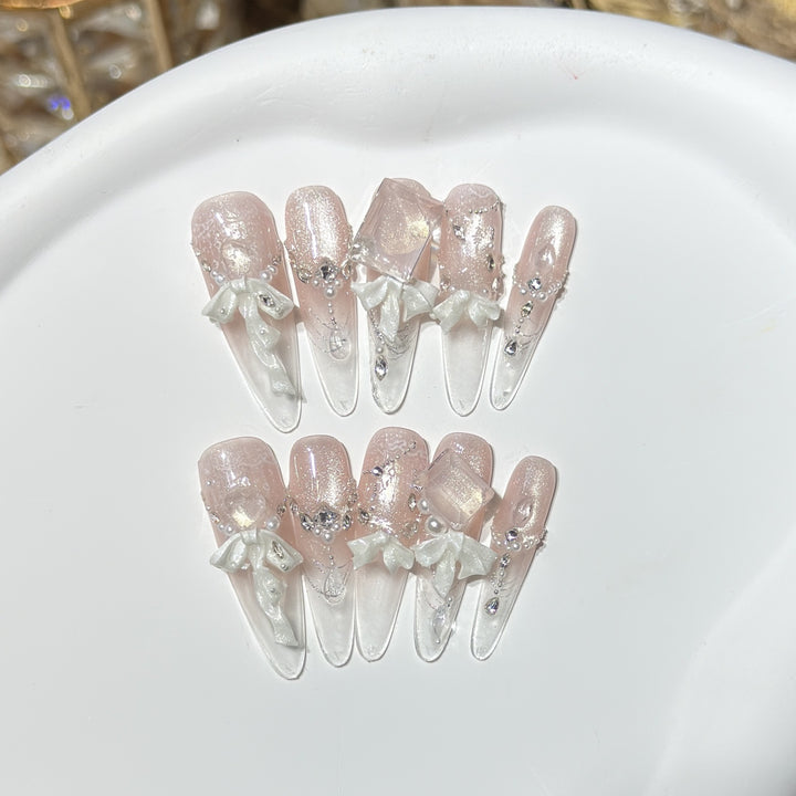 Elegant Press-On Acrylic Nail Set with Decorative Bow and Glitter Accents Kalsten