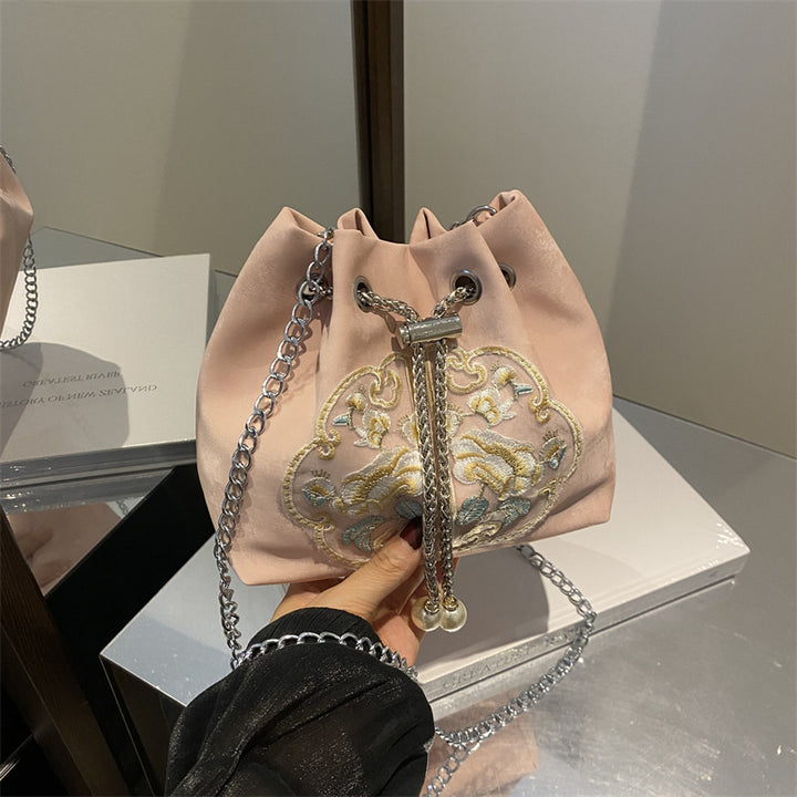 Embroidered Velvet Drawstring Handbag