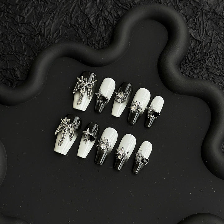 Artistic Press-On Nail Art Set with Gothic Charm