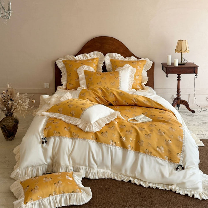 Romantic bed linen set with ruffles, lace border, and vintage print