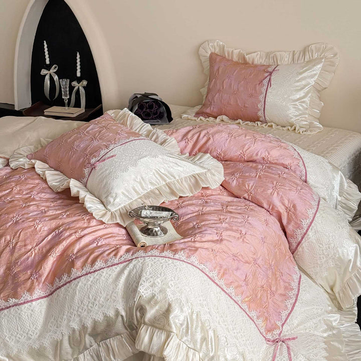 Jacquard bedding set with olive patterned quilted look, satin ruffle and lace panel