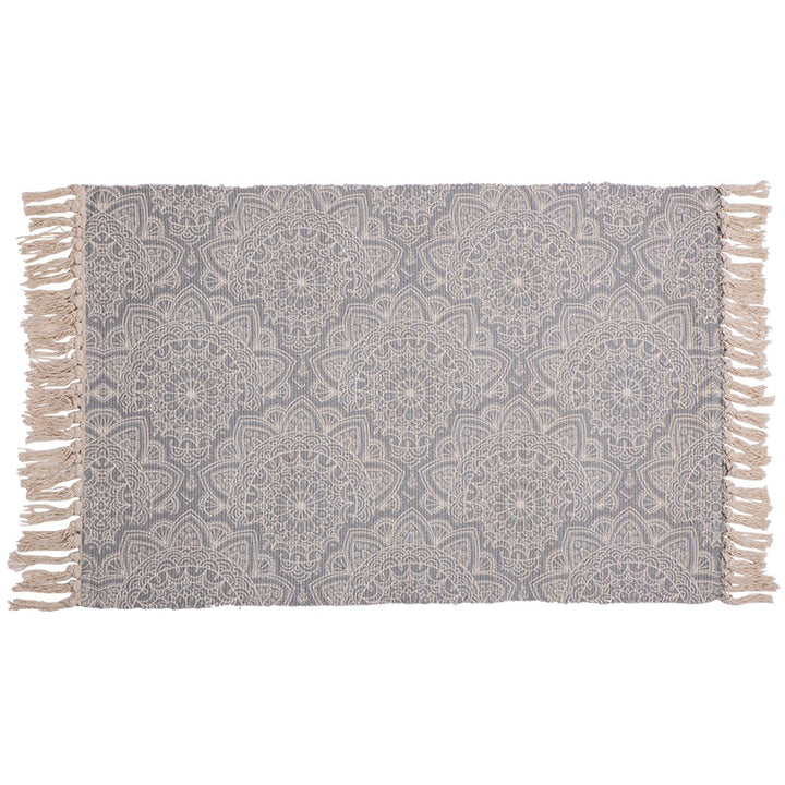 Handwoven cotton table runner with mandala jacquard and decorative fringes