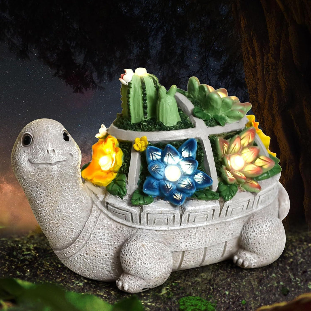Solar Turtle Succulent Planter With LED Lights Textured Resin Garden Statue Kalsten