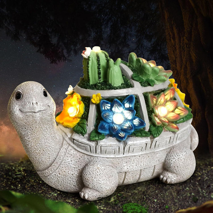 Solar Turtle Succulent Planter With LED Lights Textured Resin Garden Statue Kalsten