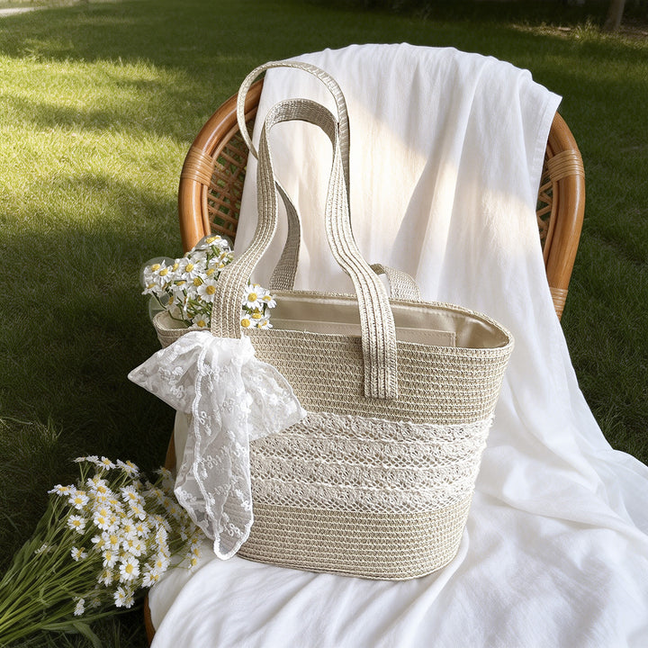 Elegant Lace-Embellished Straw Tote