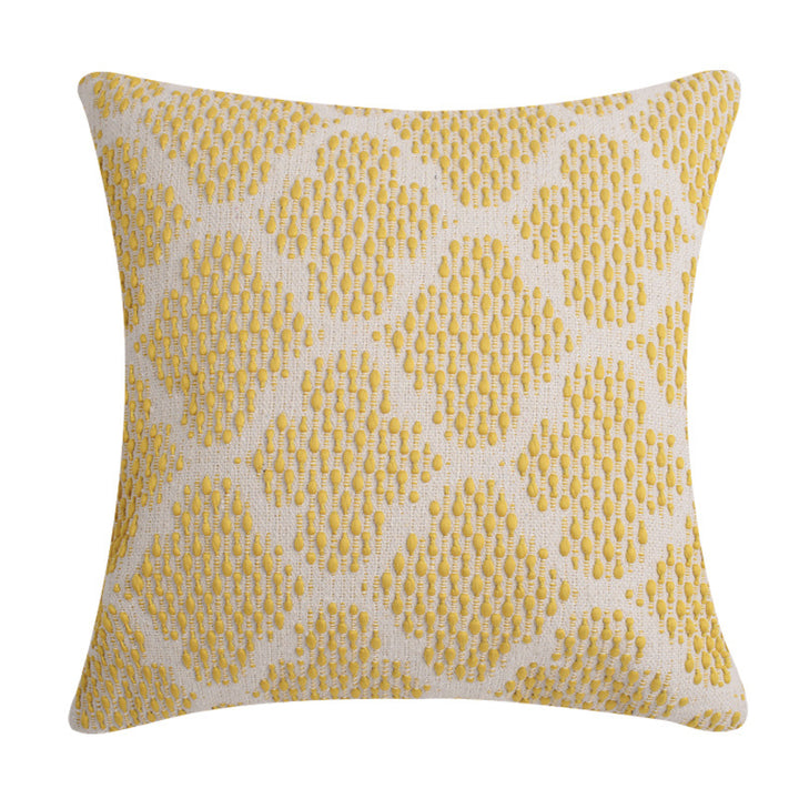 Decorative square cushion cover made of cotton-linen with tufted stripes and bouclé accents