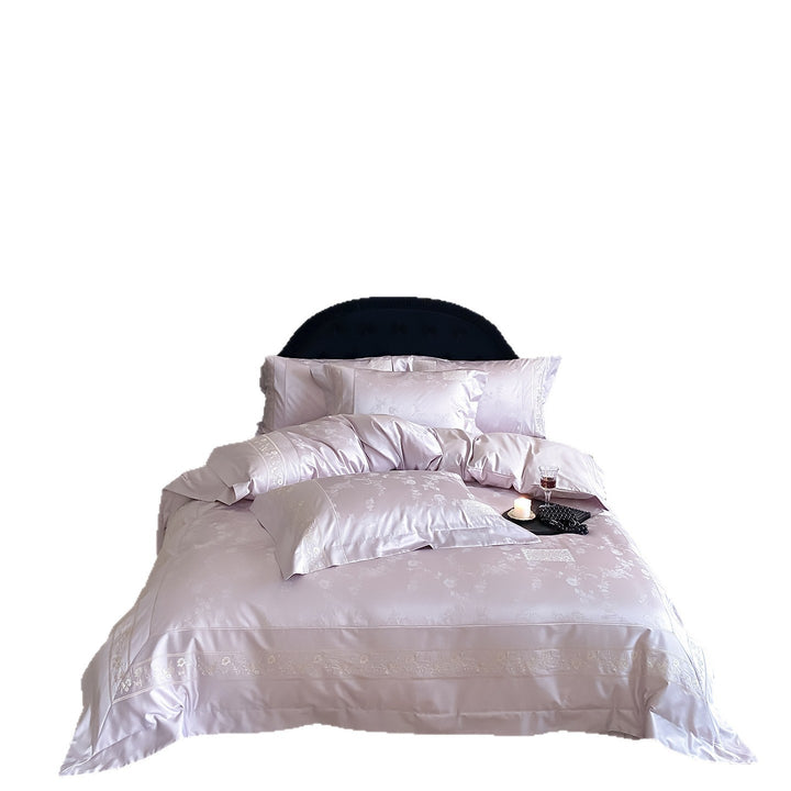 Fine satin bedding set with tonal floral jacquard and fine embroidered border