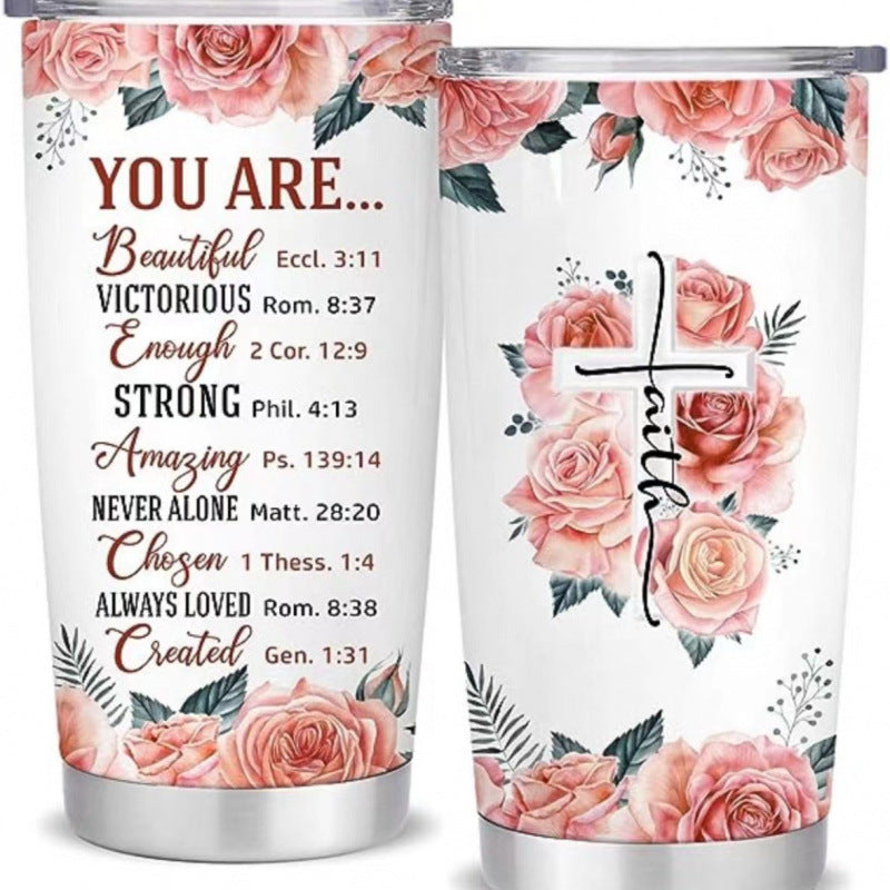 Double-Wall Vacuum Insulated Stainless Steel Travel Tumbler With Spill-Resistant Lid And Printed Cow Sunflower Design