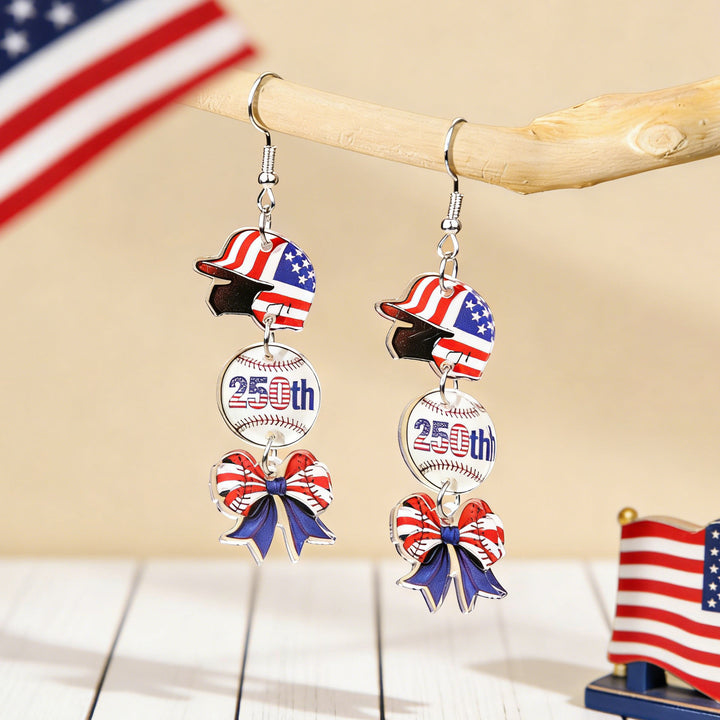 Women's acrylic statement earrings long pendant bow motif with patriotic print Kalsten