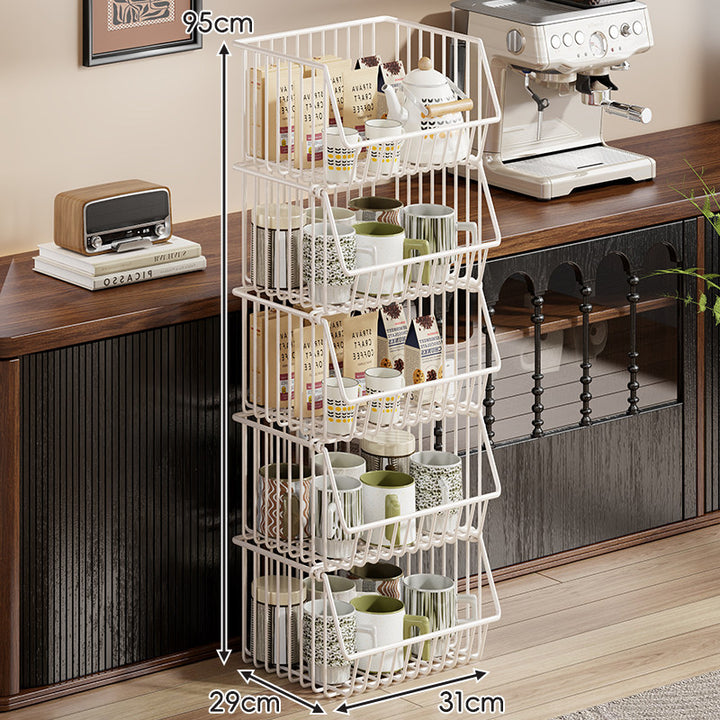 Four-Tier Tall Rolling Wire Pantry and Mug Storage Cart with Deep Slanted Baskets
