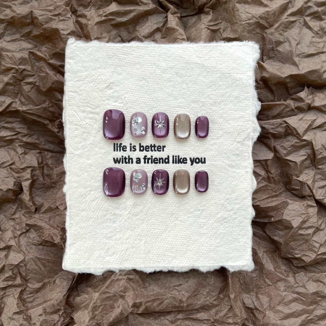 Artistic Press-On Nail Art Set with Decorative Gem Accents