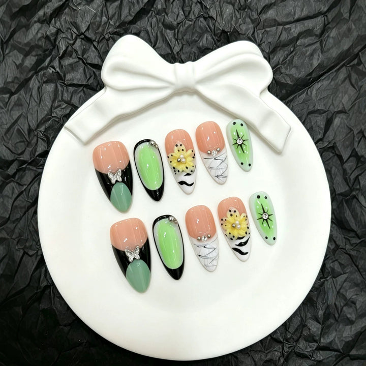 Artistic Press-On Nail Art Set with Floral and Butterfly Accents